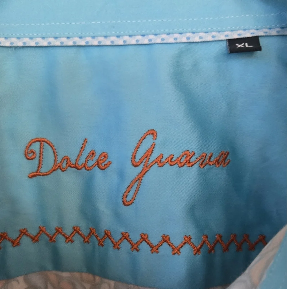 Dolce Guava Ecclectic Swirls Button Down Semi-Fitted Shirt Blue Orange Mens XL - Picture 2 of 4